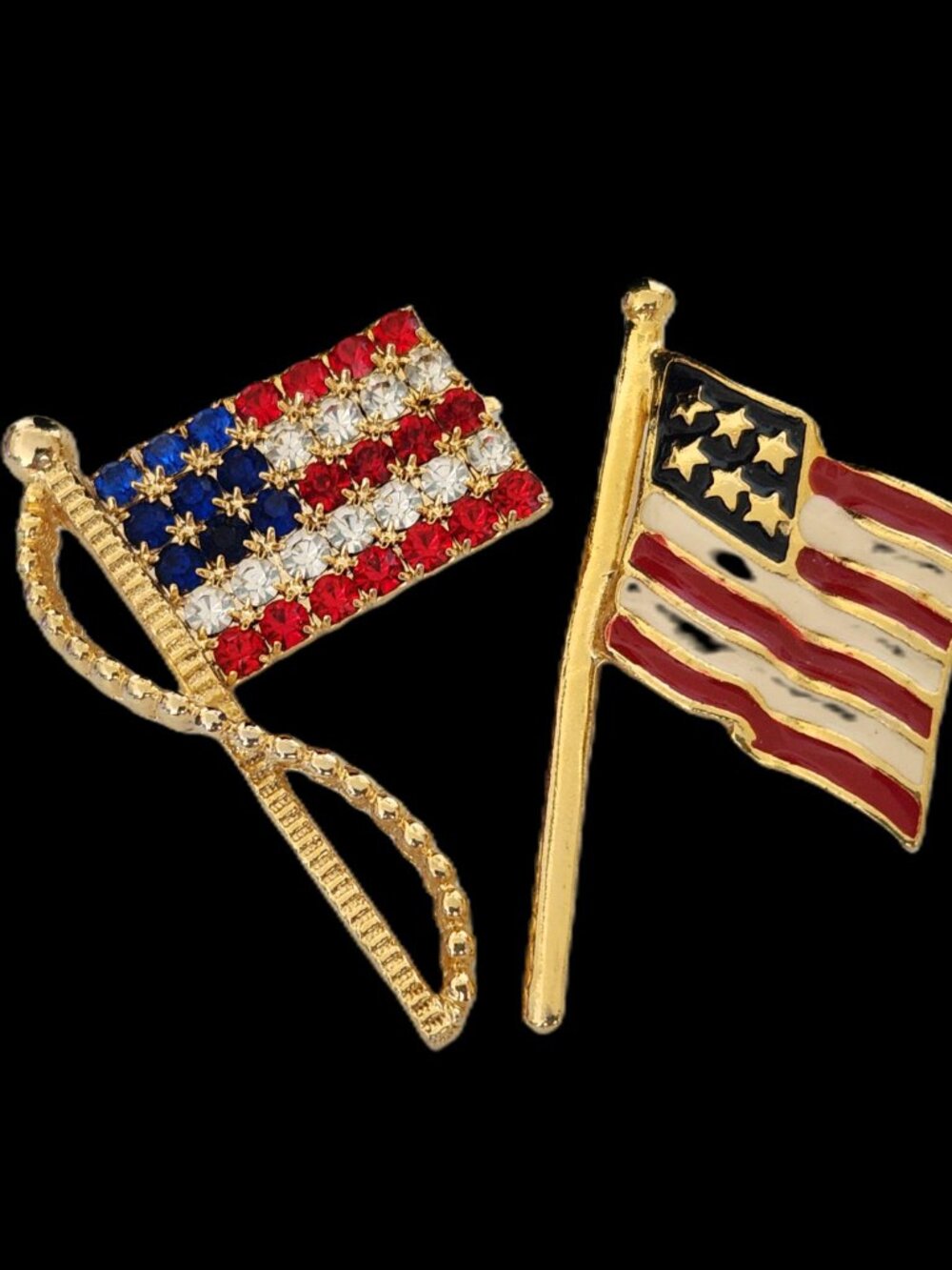 Vintage rhinestone American flag brooch pin lot of 2 red white blue gold tone